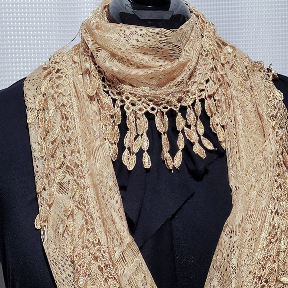 Infinity Lace Fringed Champagne Colored Scarf - Picture 2 of 11
